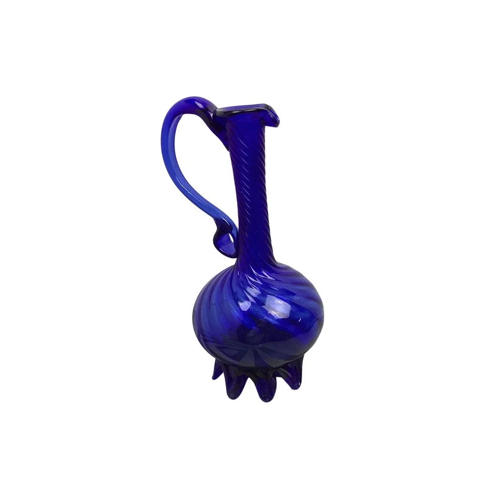 Vintage MCM Empoli Italy Cobalt Blue Art Glass Ewer Optic Swirl Rigaree Base Lg